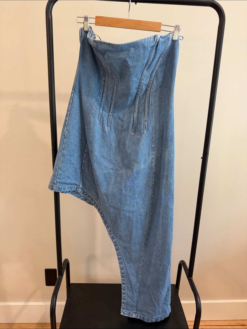 Bardot Strapless Asymmetric Light Blue Denim Dress